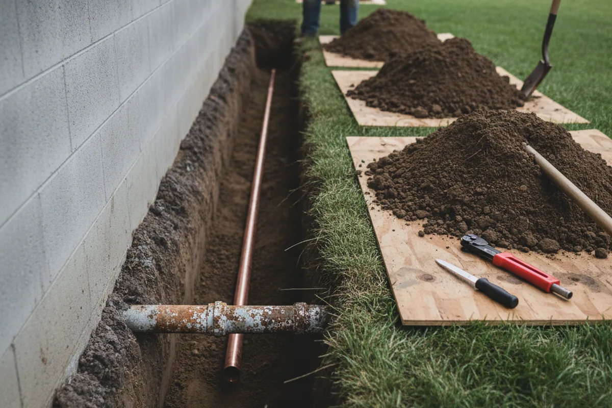 Excavated water line trench during Water Softener Installation in Baxter
